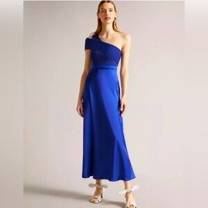TED BAKER Ivena Asymmetric Knit Bodice Royal Blue Satin Skirt Dress